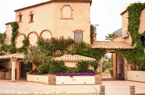 Ein Gebäude mit Bogenfenstern, einem Ziegeldach und einem Garten mit violetten Blumen.