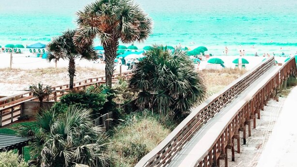 Ein Strand mit einer Holzpromenade, Palmen und Strandsonnenschirmen.