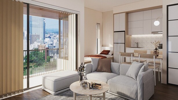 A modern living room with a large sliding glass door, a sofa, a coffee table, and a kitchen area with cabinets and a countertop. - Funhome Bo Song Set Apartment Ha Noi (Hanoi)