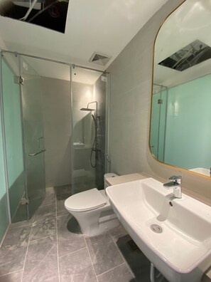 A modern bathroom with a glass-enclosed shower, a white toilet, and a large sink with a mirror.