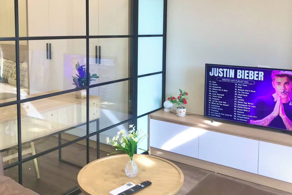A modern living room with a large flat-screen TV displaying a Justin Bieber playlist, a wooden coffee table with a vase of flowers, and a brown sofa.