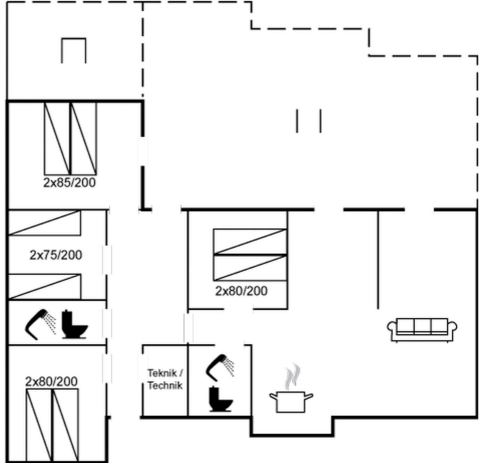 Un plano de planta que muestra una cocina, un baño y una sala de estar.