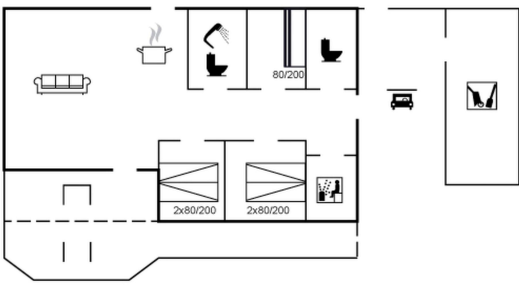 A hotel floor plan with a living room, kitchenette, bathroom, and two bedrooms.