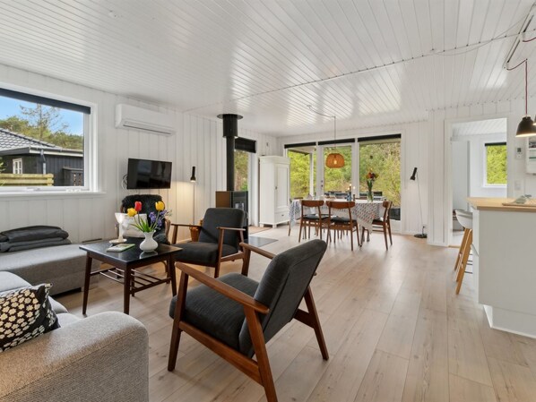 Una televisión, una chimenea