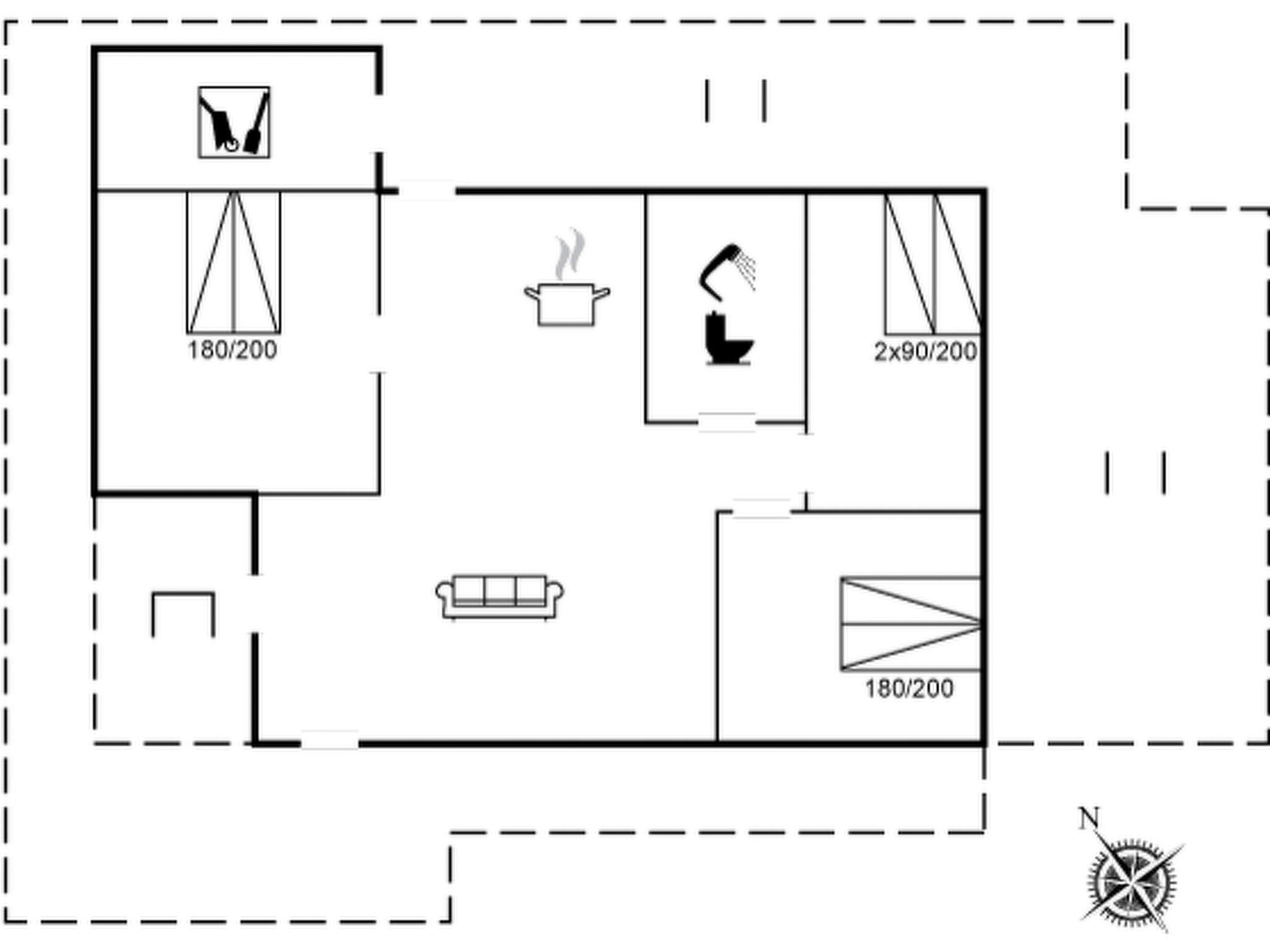 Un plano de planta que muestra una cocina, un comedor y una sala de estar.