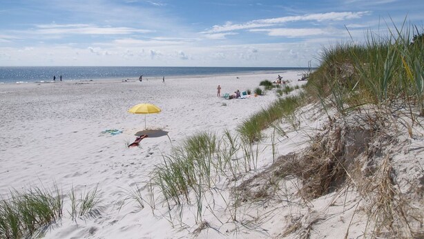 Une plage de sable avec un parasol jaune, des gens et des dunes.