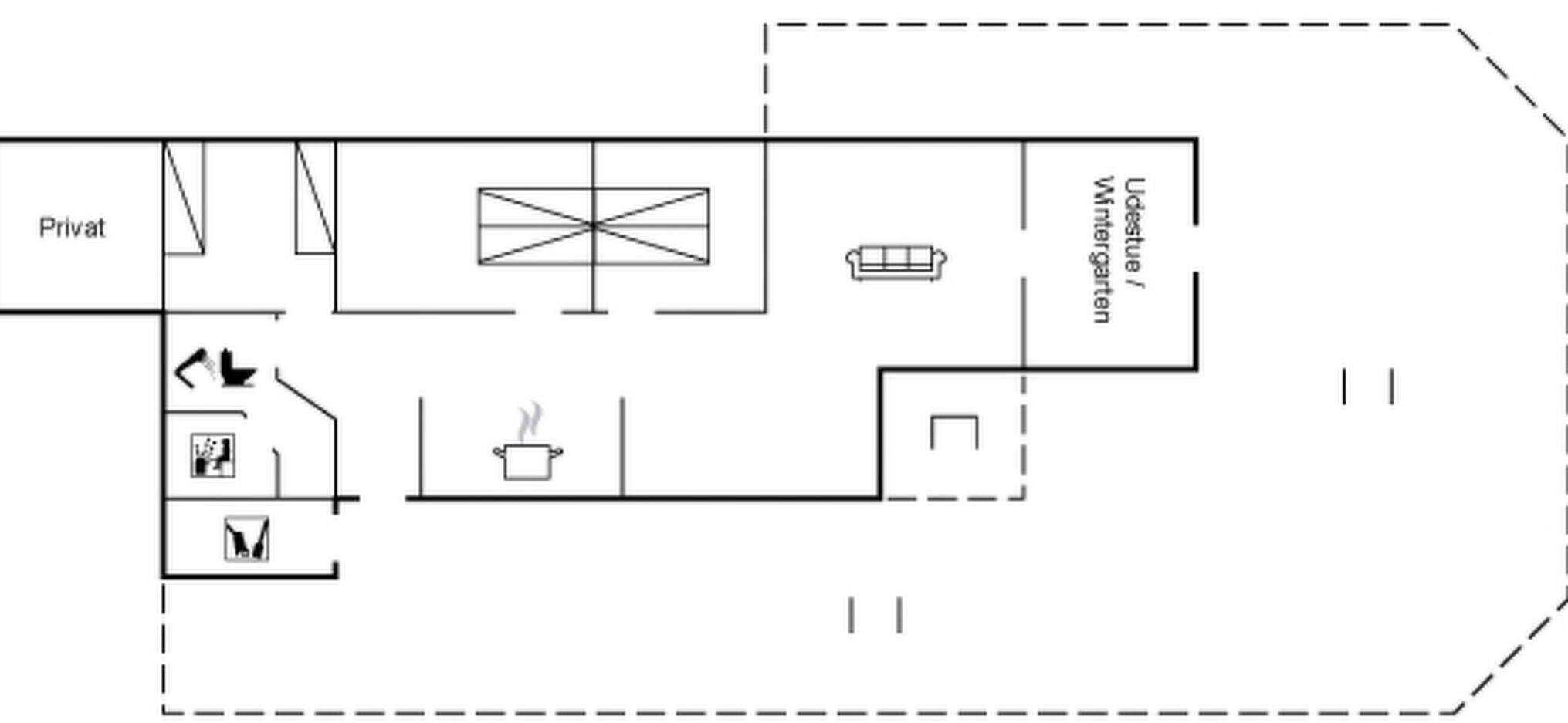 Ein Hotelgrundriss mit privatem Bereich, einer Lounge, einer Küchenzeile und einem Wintergarten.