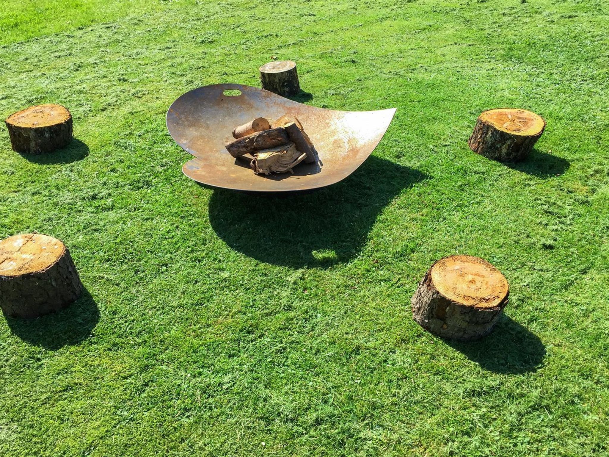 Een metalen sculptuur met boomstammen op een grasveld, omringd door boomstronken.
