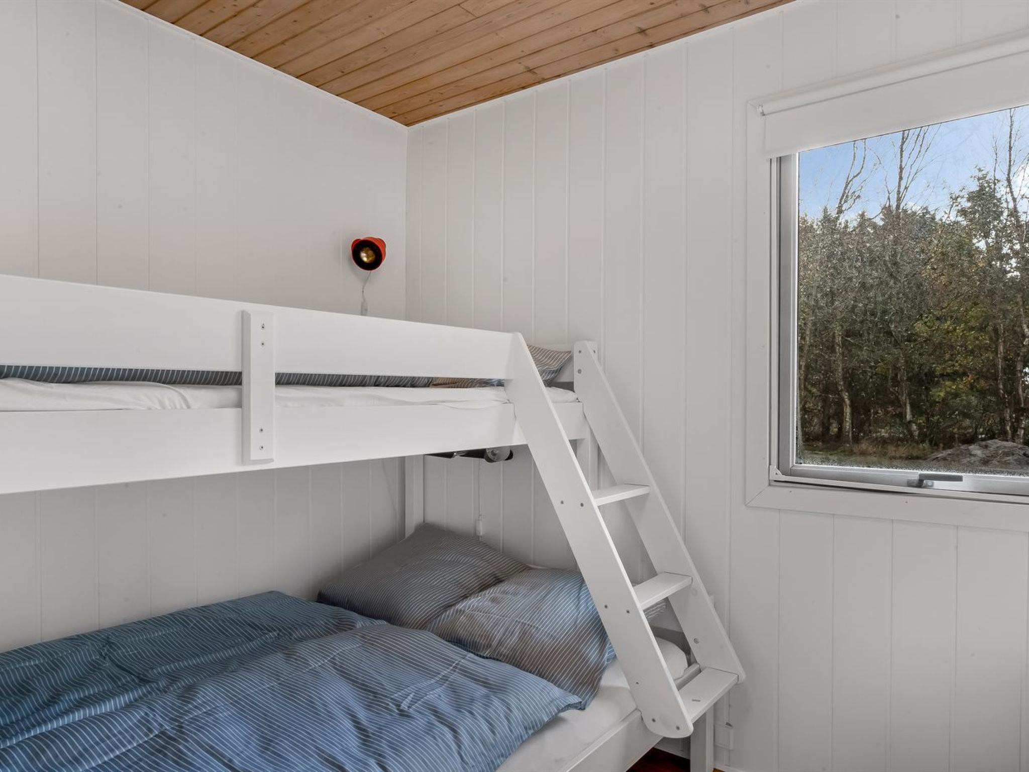 Habitación con literas y ventana con vista a un bosque.