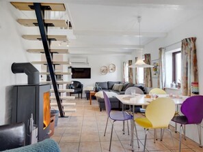TV, fireplace, table football