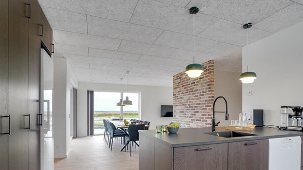 Een moderne keuken met een groot eiland, een accentmuur van baksteen en uitzicht op de omgeving.