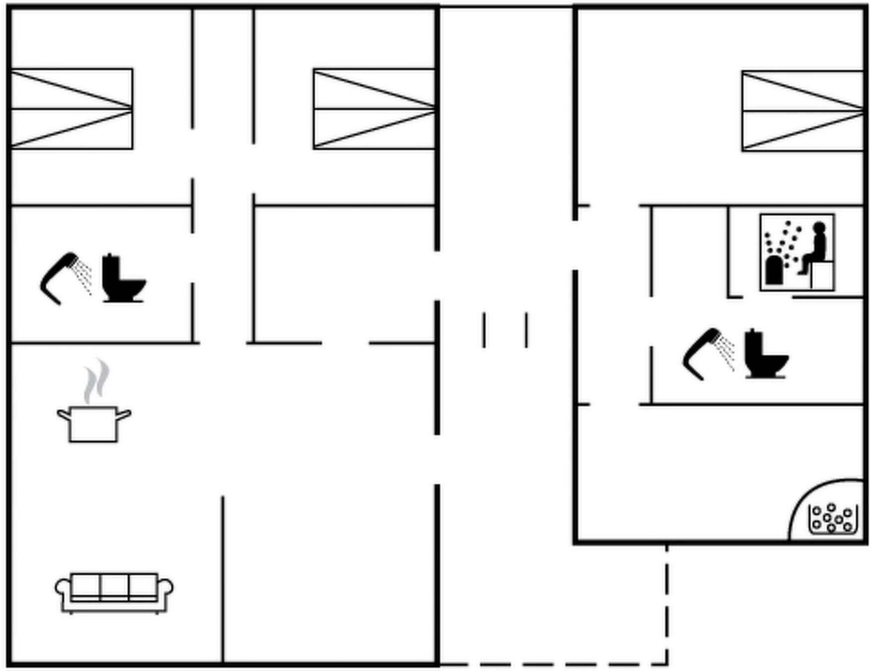 Ein Hotelgrundriss mit mehreren Zimmern, einem Badezimmer und einer Küchenzeile.