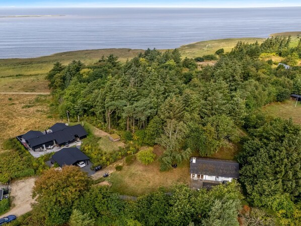 Zona residencial con varias casas rodeadas de bosque denso, vista despejada al mar y un paisaje montañoso al fondo.