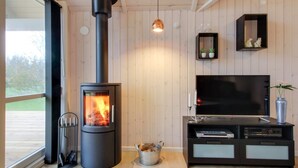 A modern living room with a wood-burning stove, a flat-screen TV, and a minimalist entertainment unit. - "Gertrude" - 1.1km to the fjord by Interhome (Hemmet)