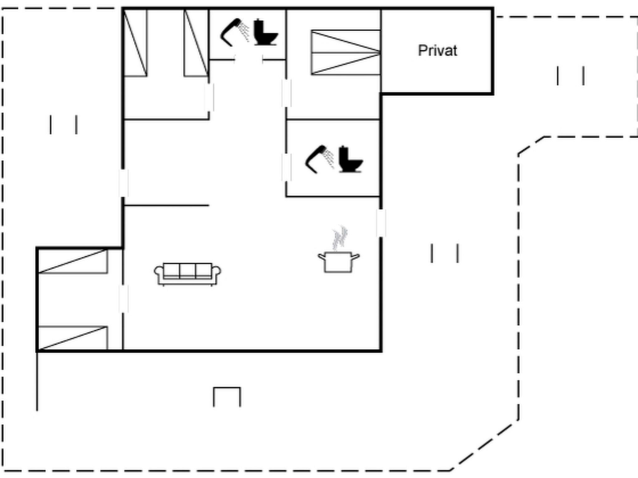 A floor plan with a living area, a kitchenette, and a private room.