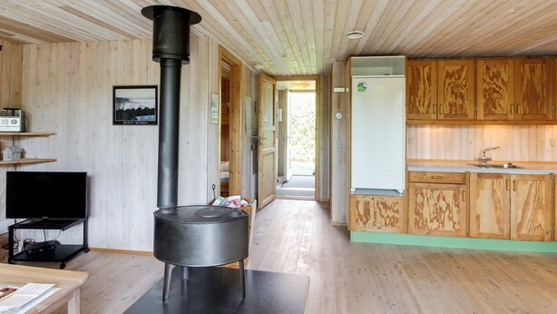 A modern cabin interior with a wood stove, a television, and wooden cabinets. - "Jaane" - 650m to the fjord by Interhome (Hemmet)