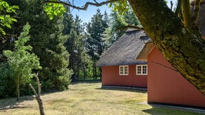 A rustic house with a thatched roof, surrounded by a grassy yard and dense trees.