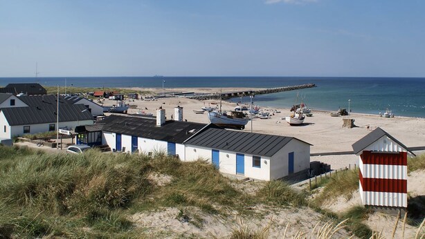 Ein Küstendorf mit Gebäuden, einem Pier, der ins Meer ragt, und einem Sandstrand.