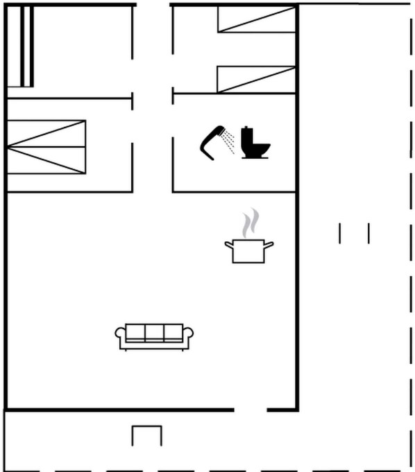 A floor plan with a living area, a kitchen, a bathroom, and a dining area.
