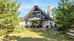 Een modern huis met rieten dak, een overdekte patio en een schoorsteen.
