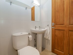 A bathroom with a toilet, sink, and wooden door. - The Paddock (Wells)