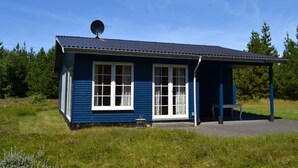 Una casa pequeña de un solo piso, de color azul, con antena parabólica, ventanas con marcos blancos y un porche cubierto.