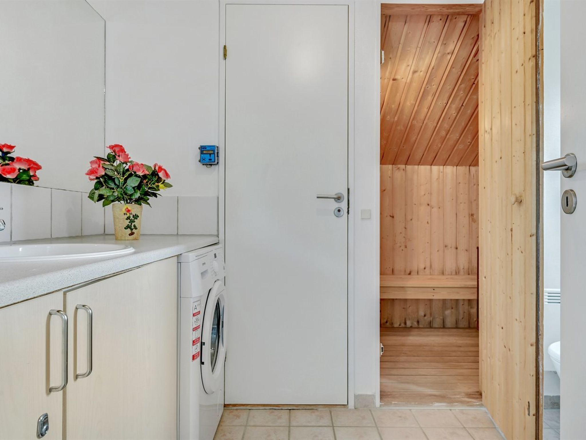 Una cocina compacta con lavadora, una planta en maceta y una sauna de madera visible a través de una puerta abierta.