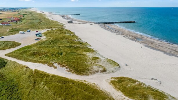 An aerial view of a beach with a sandy shore, grassy dunes, and a clear blue sky. - "Answald" - 250m from the sea by Interhome (Harboøre)