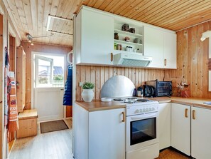 Fridge, oven, high chair, cookware/dishes/utensils