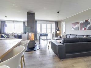 TV, fireplace, table football