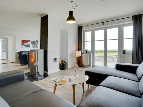 TV, fireplace, table football