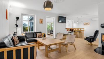 Télévision, cheminée, lecteur de DVD, baby-foot