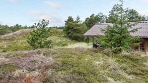 Een rustieke hut met een golfplaten dak, omgeven door dicht bos en grasland.
