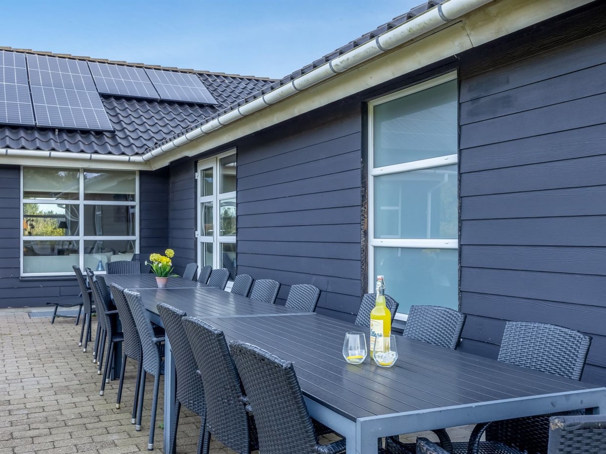 Un espace extérieur aménagé pour les repas, avec une longue table et des chaises, un pot de fleurs et une bouteille de boisson posée sur la table.
