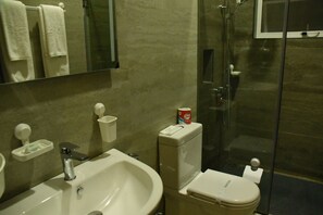 Habitación Deluxe con 1 cama matrimonial o 2 individuales, 1 cama King size | Baño | Regadera, regadera tipo lluvia, amenidades de baño de diseñador, batas