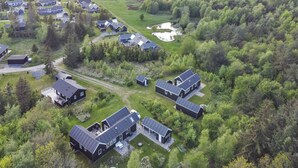 Vista aérea de una zona residencial con varias casas, un estanque y un paisaje boscoso.