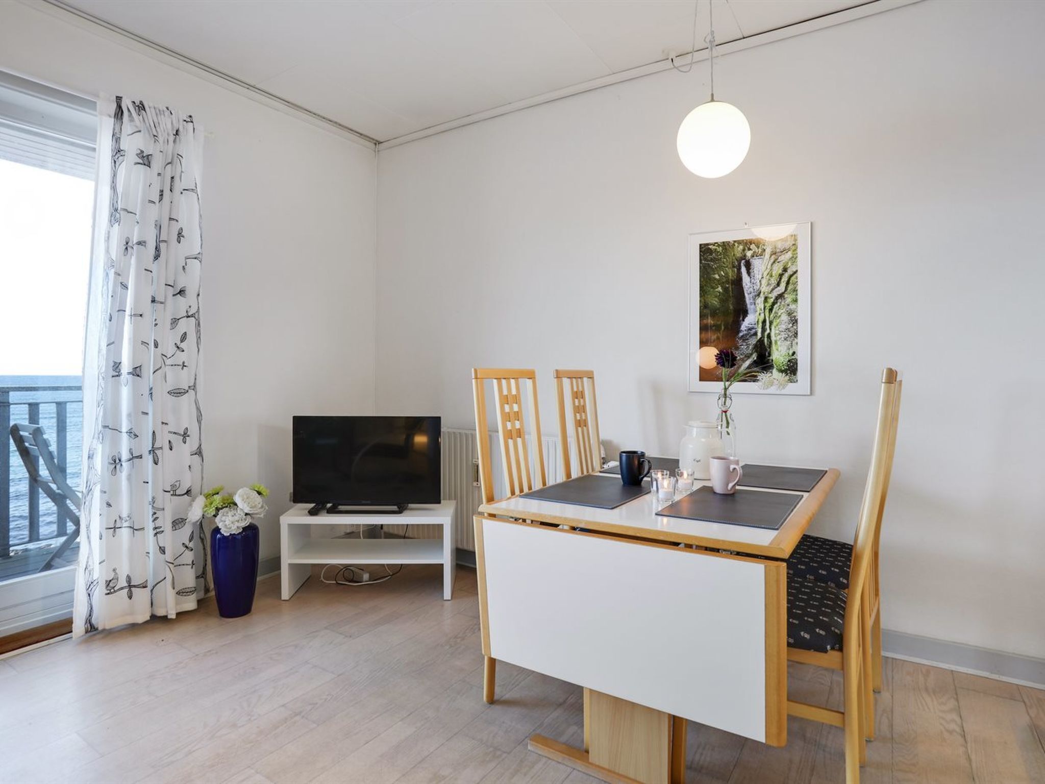 A modern living room with a flat-screen TV, a dining table with chairs, a potted plant, and a framed picture on the wall.