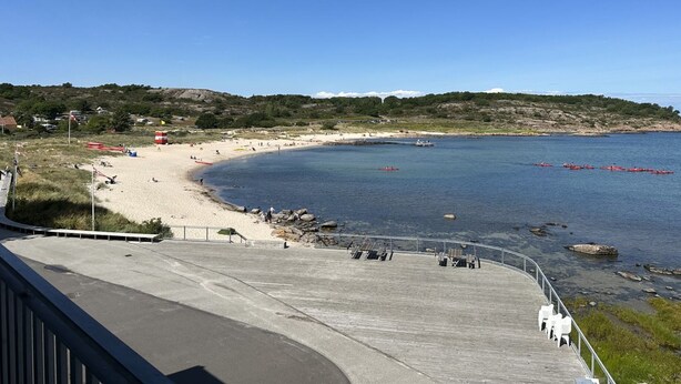 A beach with a concrete walkway, a sandy shore, and a calm sea.