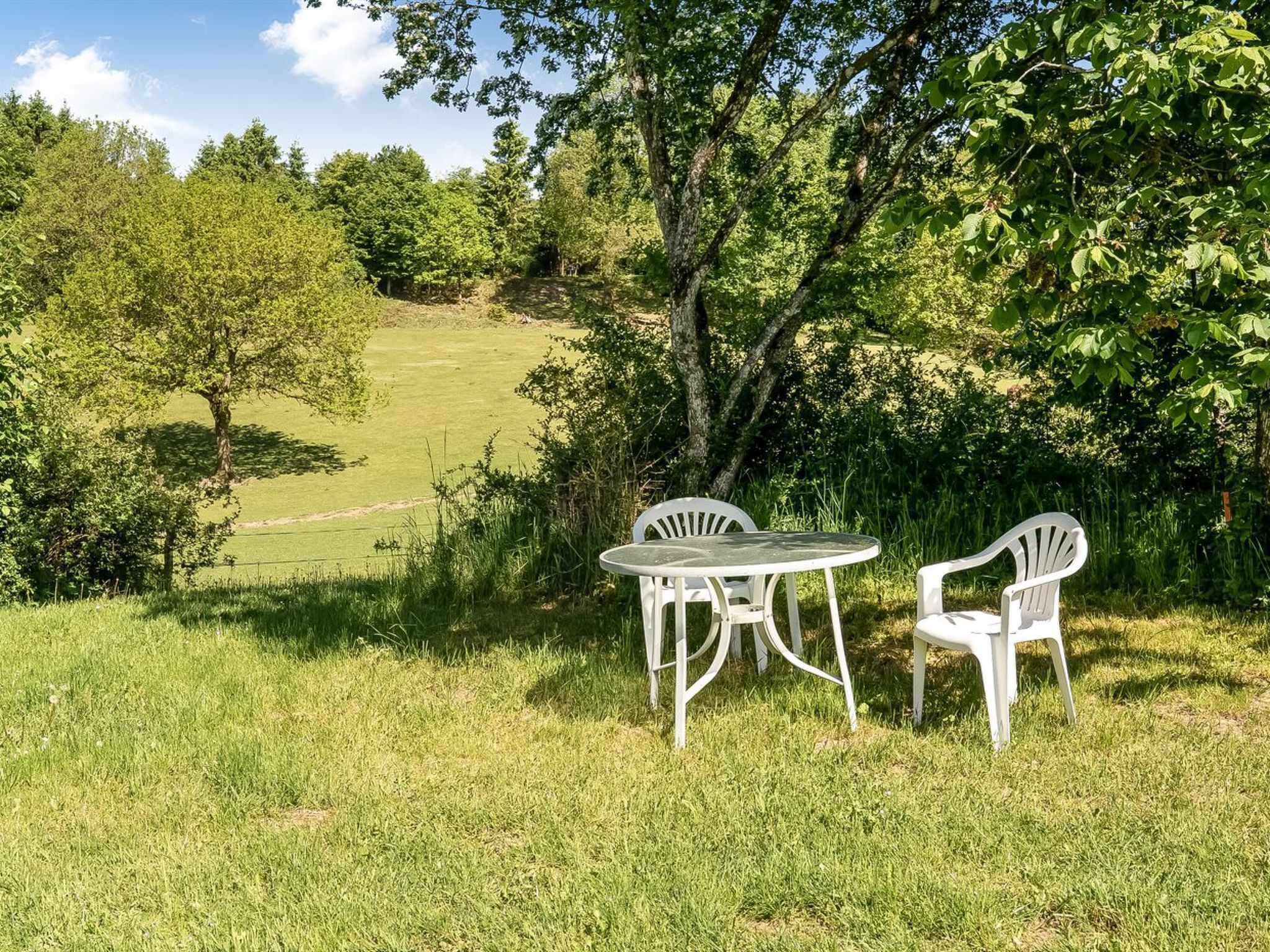 A grassy outdoor area with a table and two chairs, surrounded by trees and a view of a green field.