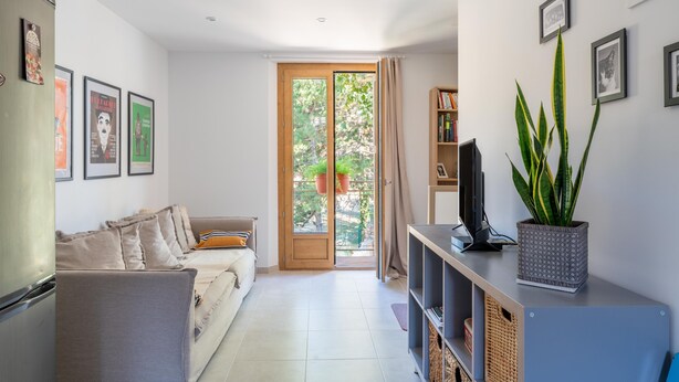 Una sala de estar moderna con un sofá, televisor y una planta en maceta.