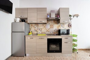 Køleskab, mikrobølgeovn, kogeplade, køkkentøj/tallerkener/redskaber