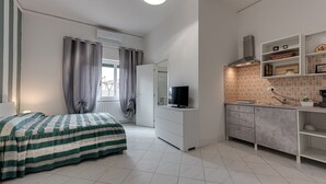 A compact room with a bed, a TV, a kitchenette, and a bathroom. - Apartment 'Ursa' with Shared Garden, Wi-Fi and Air Conditioning (Calenzano)