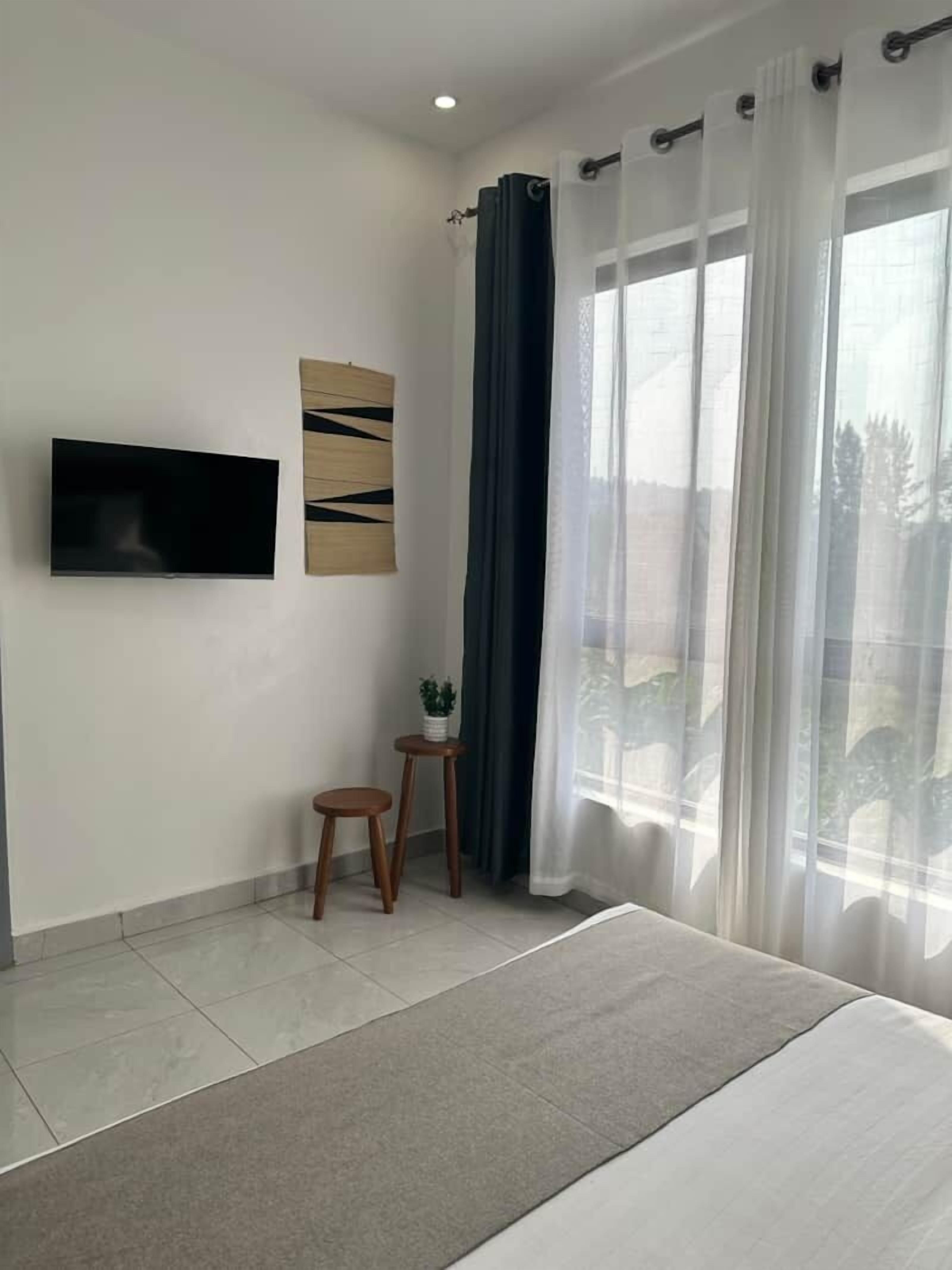 A modern bedroom with a bed, a flat-screen TV, a small table with a plant, and a window with sheer curtains.