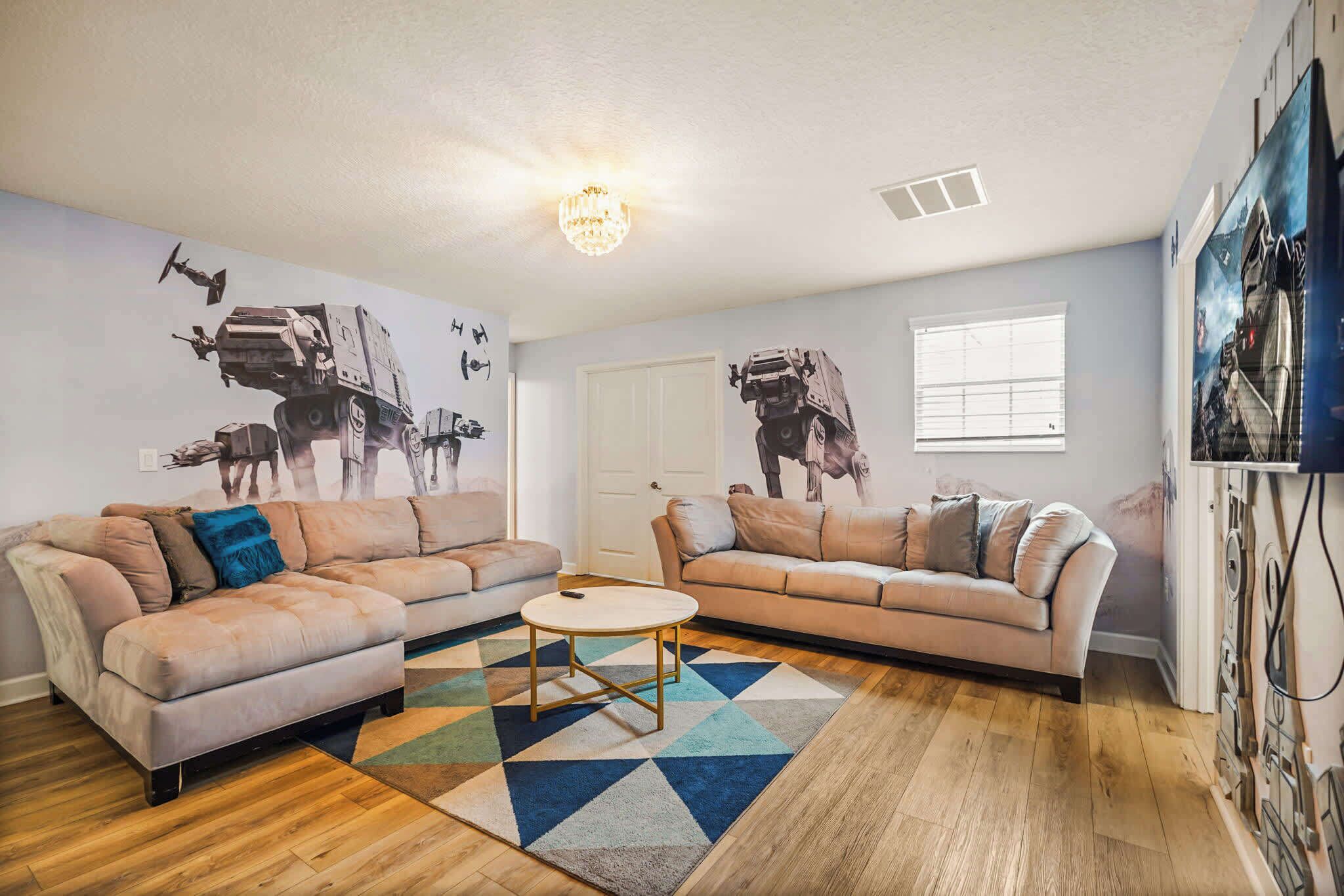 Experience the ultimate Star Wars adventure in this themed room with cozy seating and entertainment for fans and families!