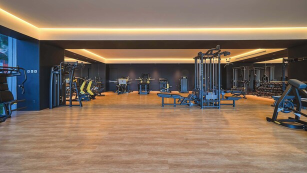 Une salle de sport moderne dotée de divers équipements d’exercice, d’un plancher en bois et d’un aménagement spacieux.