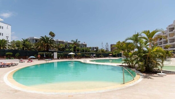 A large outdoor swimming pool with a curved design, surrounded by palm trees and sun loungers. - San Marino 28 - Studio (Los Cristianos)