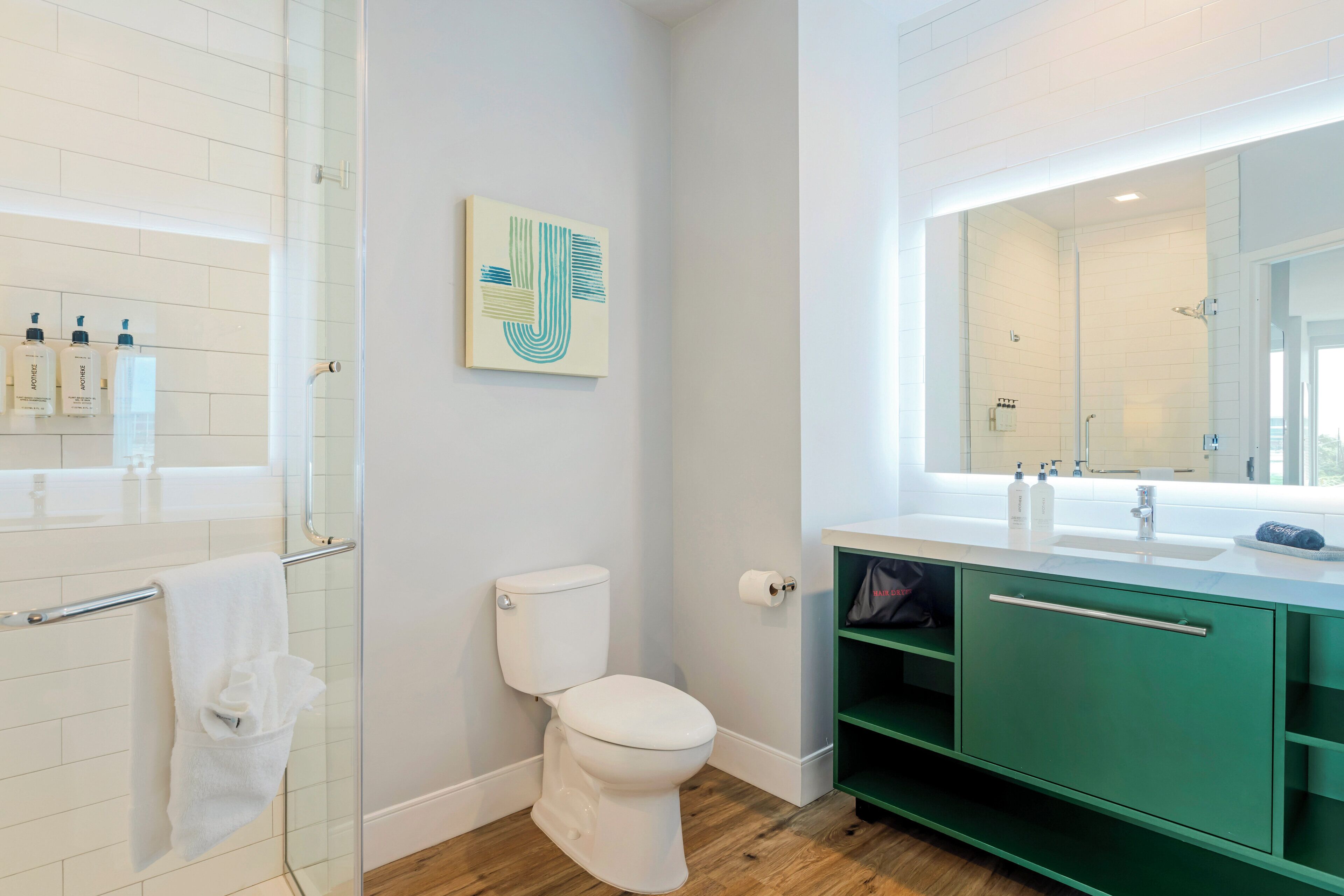 Hair dryer, towels, soap, shampoo