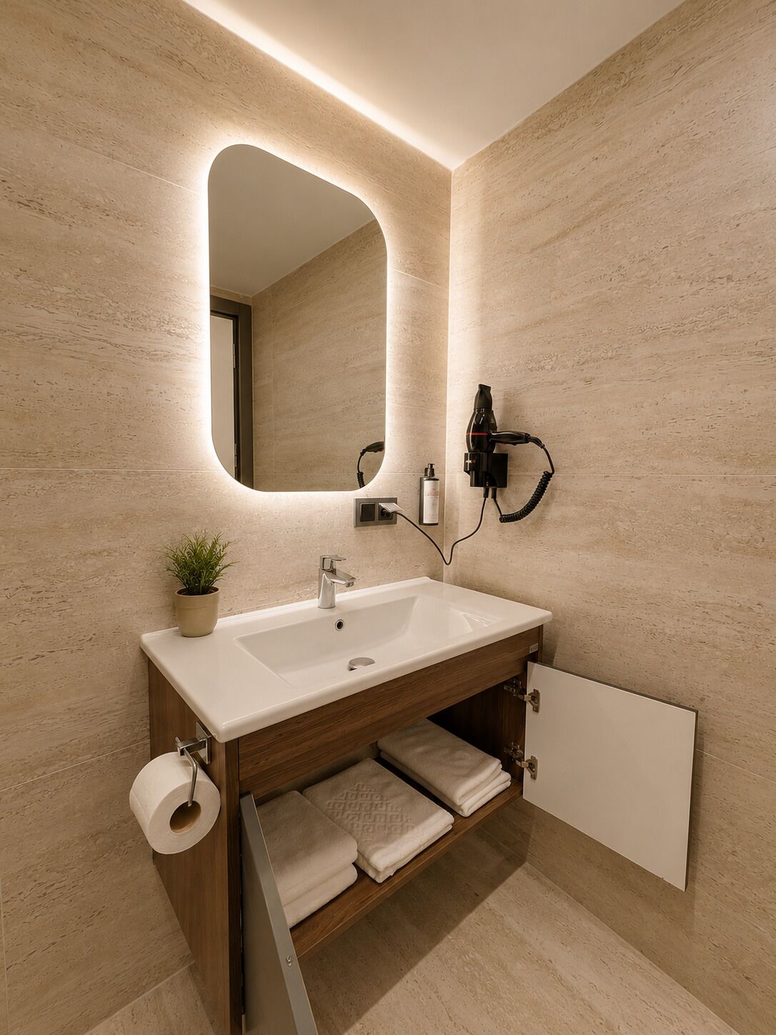 Une salle de bain moderne avec un grand miroir, un lavabo, un sèche-cheveux et un porte-serviettes.