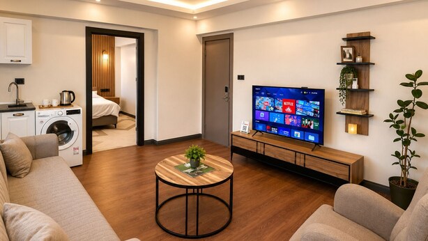 A modern living room with a flat-screen TV, a sofa, a coffee table, a washing machine, and a small kitchen area. - Lumiera Suites Hotel (Bursa)
