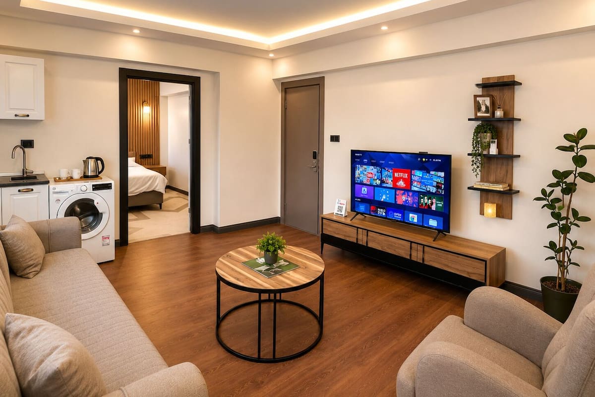 Un salon moderne équipé d’un téléviseur à écran plat, d’un canapé, d’une table basse, d’un lave-linge et d’un petit coin cuisine.